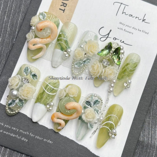 10pcs Handmade Fake Nails Green Nails Small Snake Retro Nails  Snake Year Press on Nails for Women Daily Wear