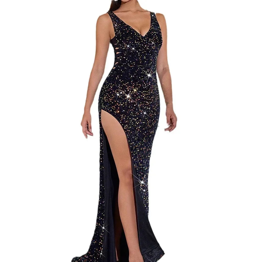 Neck Hollow Fishtail Long Maxi Dresses High Split Back Sequined Banquet Evening Party Mujer Vestido Plus Size 9XL 8XL 7XL Dress