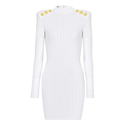 Three Colors Of High-quality New Fashionable Stretch Knit Solid Color Shoulder Button Long Sleeved Slim Fit Women's Dress