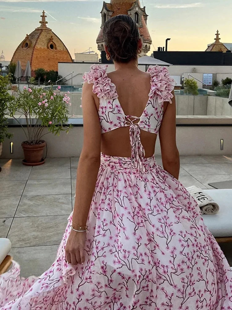 Syiwidii  New Lady Beach Print Ruffles Hollow Out Long Dresses Women Sexy Backless Sleeveless Lace Up High Waist Split Dress