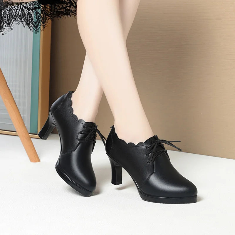 Manufacturer   Spring Autumn Soft Leather Soft Sole Versatile Fashion Comfortable High Heels Lace-Up Deep-Mouth Shoes Women's Leather Shoes   Pumps