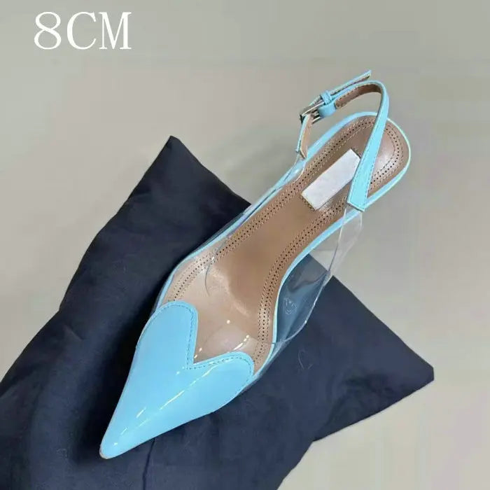 Manufacturer  New Pointy Peach Heart Fine Heel Shoes Sexy Pvc Transparent Film Black Patent Leather High Heel Overhead Sandals   Pumps