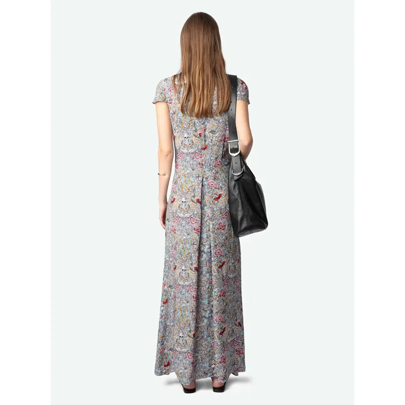Women Short Sleeve Dress Female Casual V-Neck Long Dresses Lady Floral Print Lace Robes  New Split Jupes