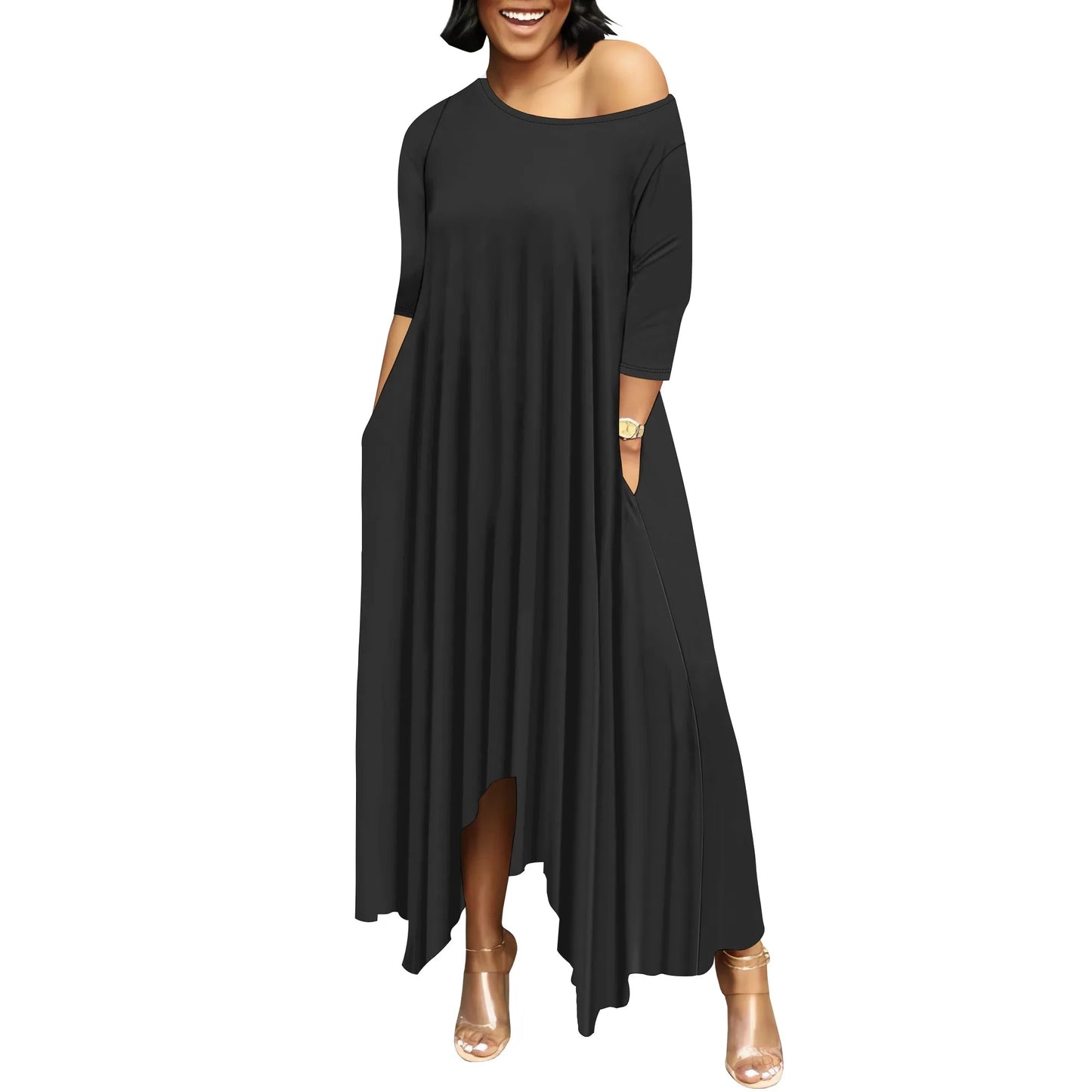 Women One Shoulder Sleeve Printed Dress High Waist Split Party Cocktail Long Dress
