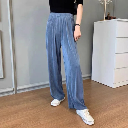 Summer Women Wide Leg Pant Fashion Loose Long Pants Boho Beach Pants Solid Pleated Trousers  Elastic High Waist Pant Plus Size