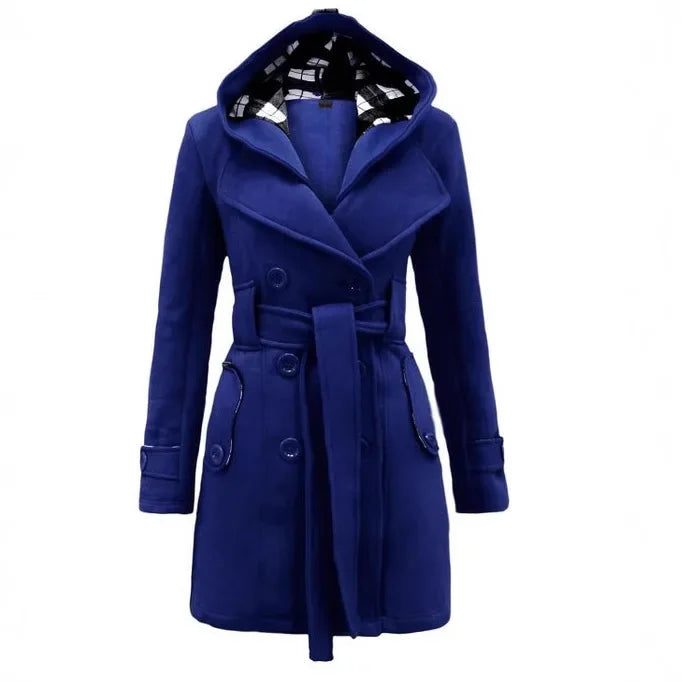 Long Plaid Hooded Coat with Belt Double Row Buttons New Hot Sale Of The Season Women's Woolen Jacket Simple Solid Color Full Sle