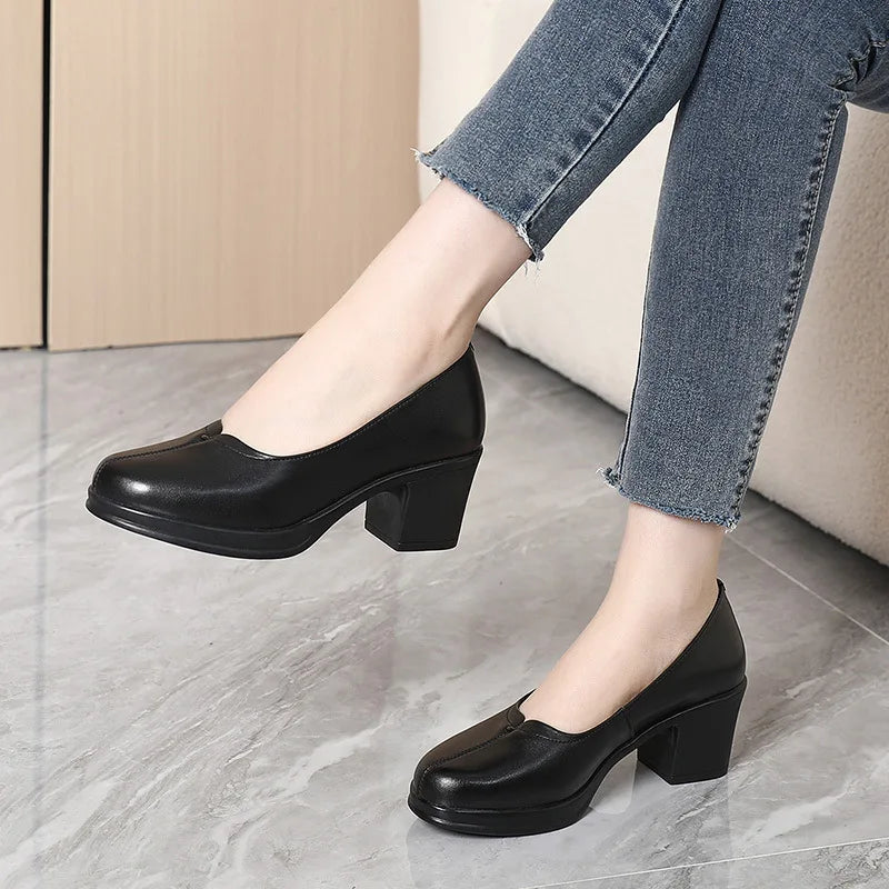 Manufacturer   New Fashion Women Pumps Round Toe Thick Heels Genuine Leather Shoes Woman Spring Summer Office Ladies Shoes Comfort   Pumps