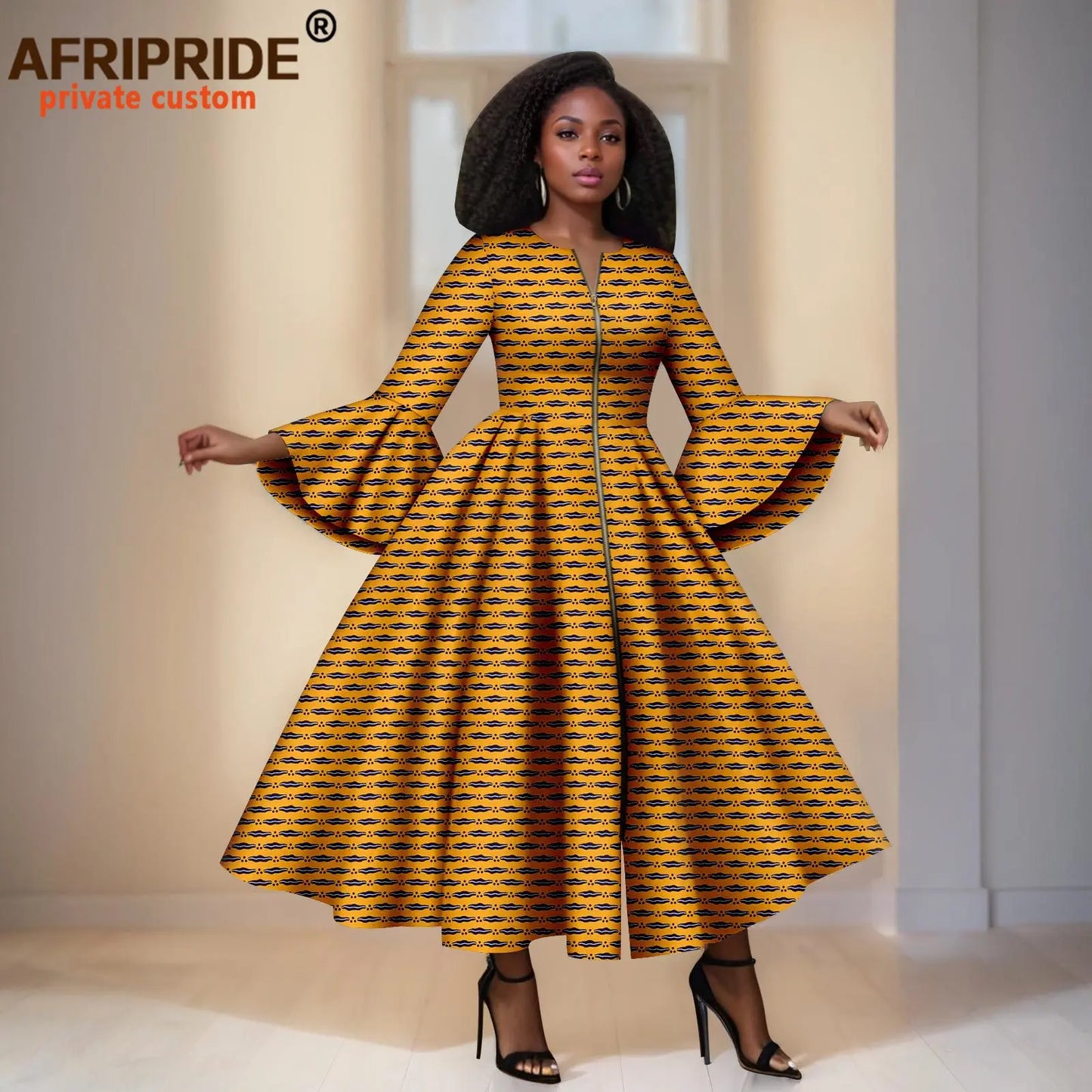 African Print Dresses for Women Flare Sleeve Elegant Zip Maxi Dress Party Attire for Lady Dashiki Long Dress