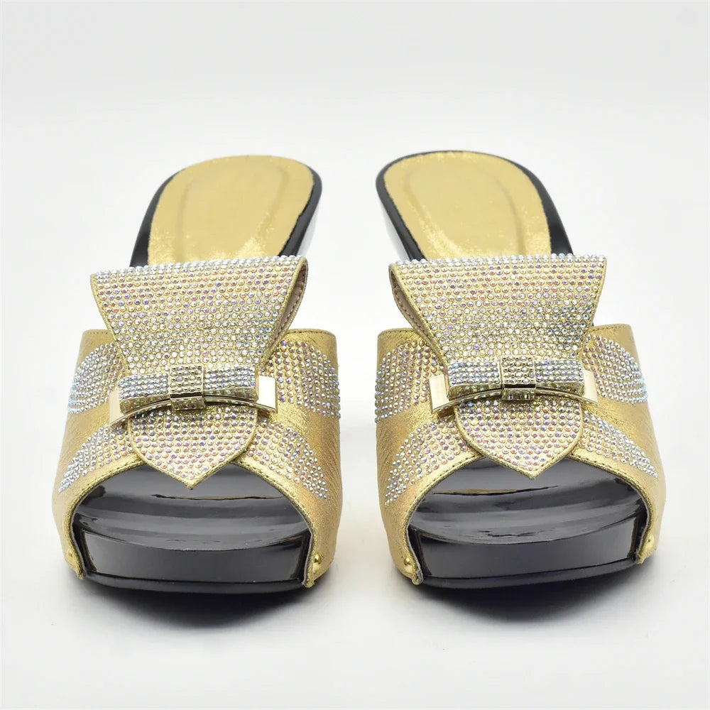 Manufacturer   Gold Color Women Slippers Shoes African Women Wedding Shoes Elegant Italian Woman Shoes with Stone High Heels Woman Summer Pumps   Pumps