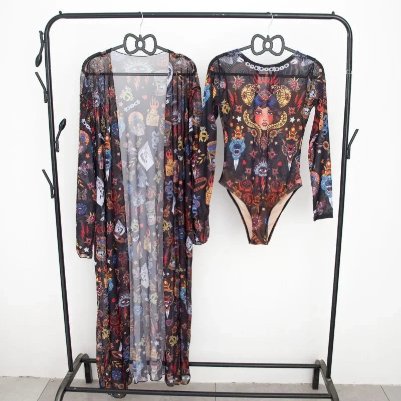 Fashion Printing Swimming Suit for Women Sexy Long Sleeve One Piece Swimsuits Mesh Bikini Cover Up  New Vintage Two Piece Set