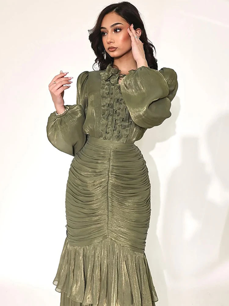 Elegant Women Dresses Ruffle Pleated Long Sleeve Lace Up Dress for Woman New Fashion Bodycon Slim Vestidos Female Party Clu