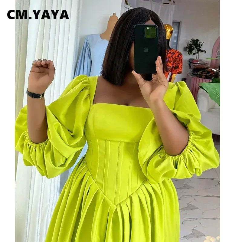CM.YAYA Women Long lantern Sleeve Square Collar Big Swing Long Maxi Dress  Fall Birthday Sexy Party Evening Dresses Vestidos