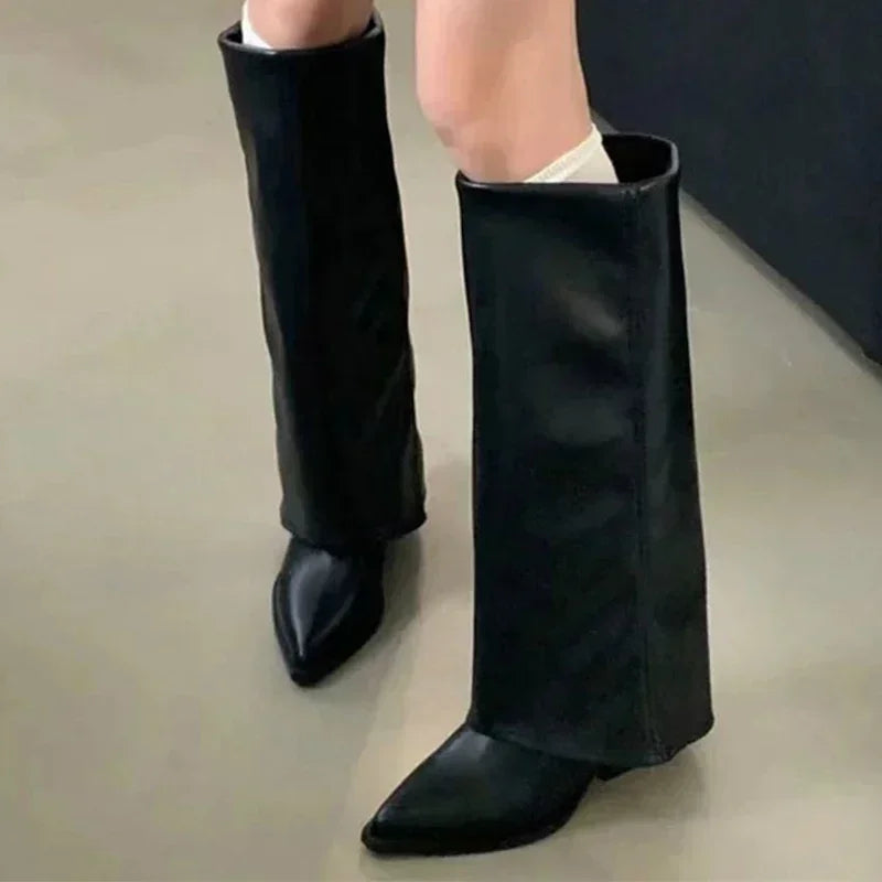 Manufacturer   Chunk Leather High Boots Women Knee High Pointer Toe Heels Shoes Woman Trend Chelsea Boots New Pumps Mujer Snow Gladiator Botas   boots