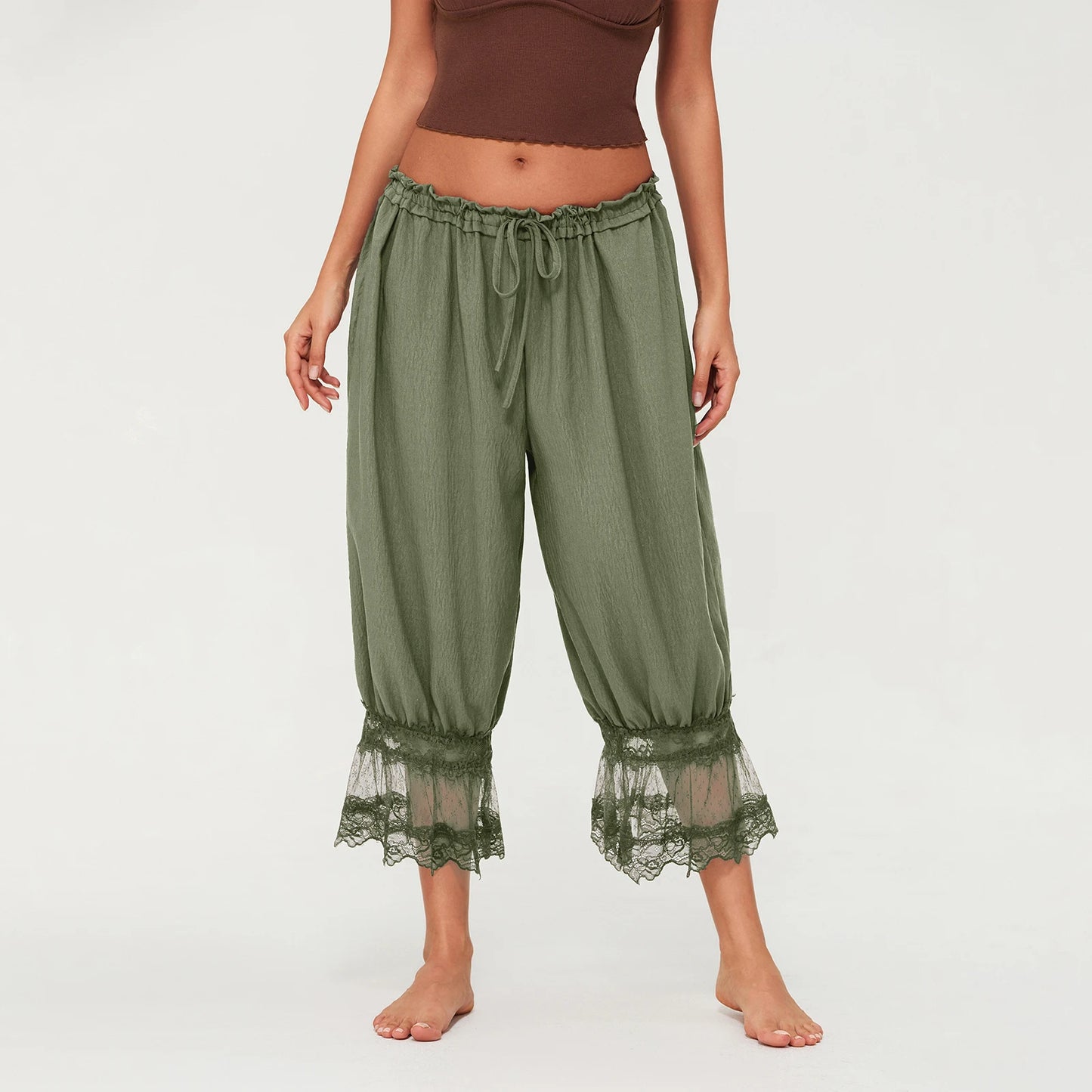 Combhasaki Women's Y2K Loose Fit Bloomers Cropped Pants Drawstring High Waist Floral Lace Patchwork Calf-Length Lantern Trousers   pant