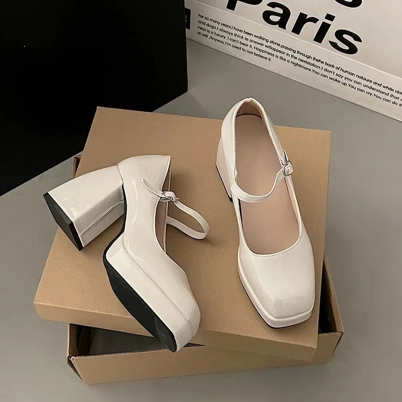 Manufacturer   Women's Chunky Heel Mary Janes Shoes Large Size Spring New Style French Design Thick Bottom Retro Single Shoes PU Leather   Pumps