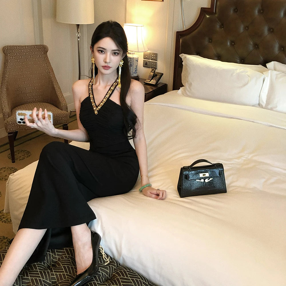 Vintage Women's Black V-neck Sequin Off Shoulder Sleeveless Backless Halter Dress Summer Sexy Club Party Elegant Long Dres Trend