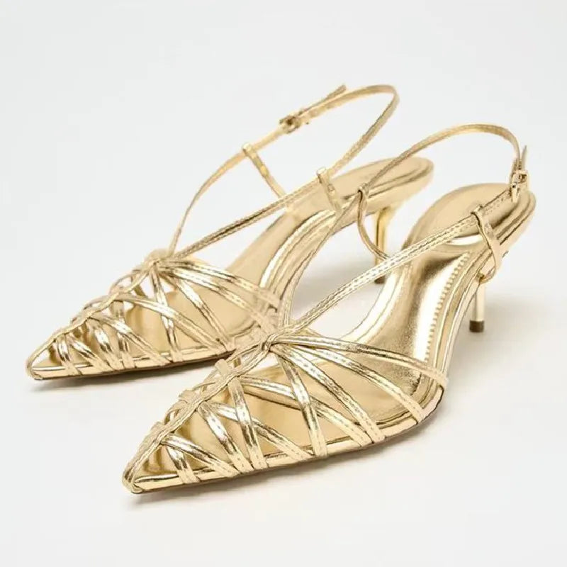 Manufacturer   Luxury Gold Brand Heels Women Fashion Narrow Strap Hollow Thin High Heel Summer Sandals Sexy Pointed Toe Slingbacks Dress Shoes   Pumps