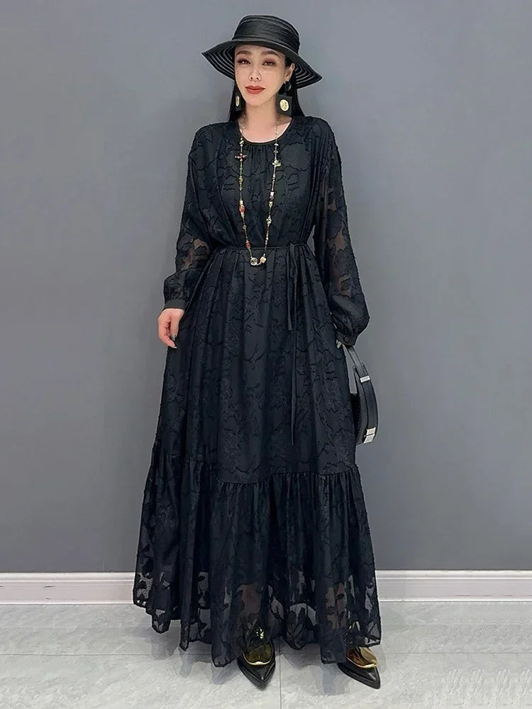 Gauze Patchwork Print Dresses Solid Color Pullover Long Sleeve Loose Fashion Temperament Dress  Spring New