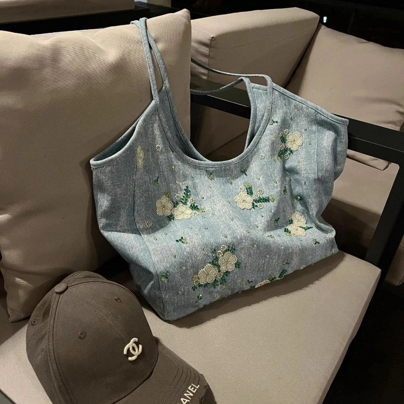 Heavy Industry Ten Thousand Needles Embroidery, Denim Handbag for Women, Casual and Versatile Large Capacity Commuting Tote Bag