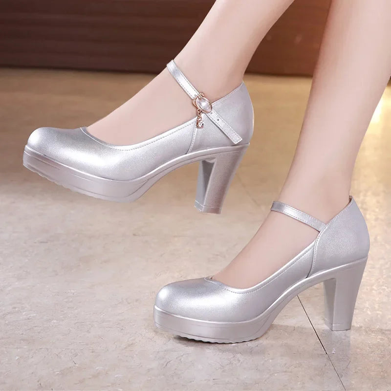 Manufacturer   Small Size 32-43 Shallow Thick Bottom White Silver Wedding Shoes Bride Platform Pumps Block High Heels Shoes for Model Mom   Pumps