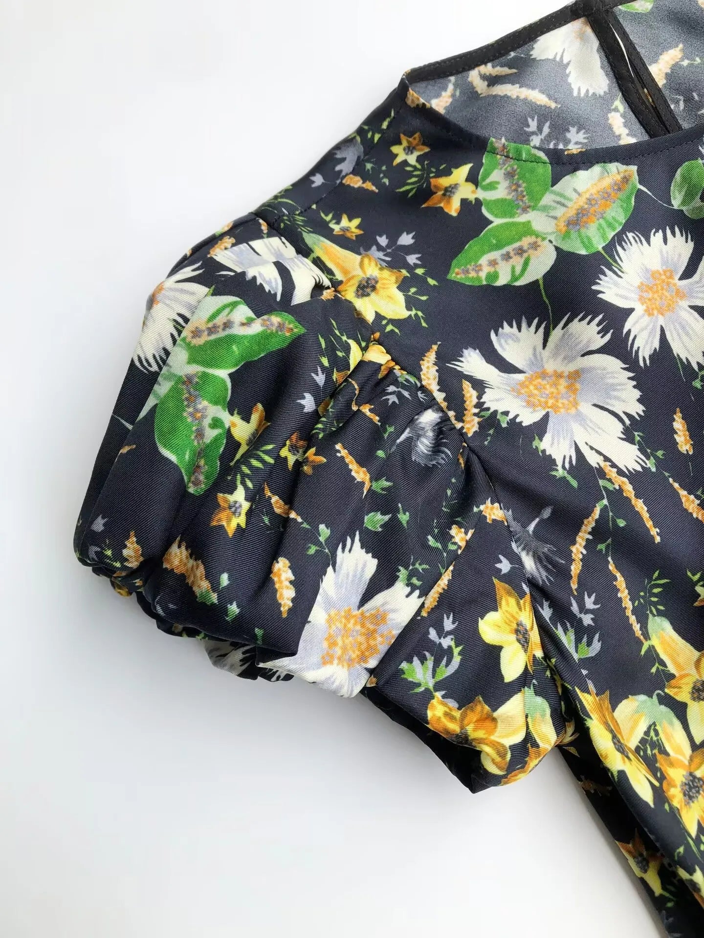 Women Retro Flower Print Long Dress Round Neck Short Puff Sleeve Vintage Slim Robe