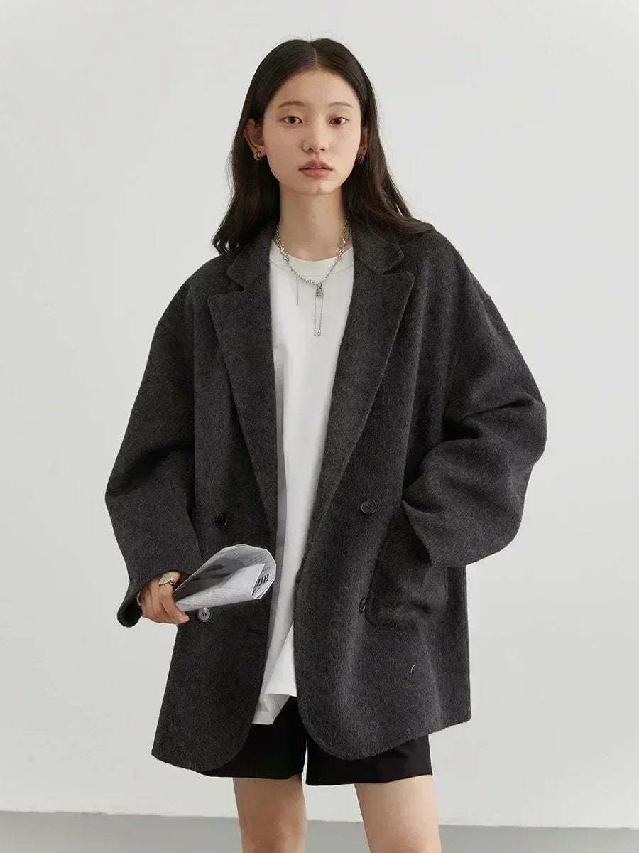 CHIC VEN Women's Woolen Coats Loose Casual Double Breasted Retro Double-sided Jacket Office Lady Outerwear Autumn Winter