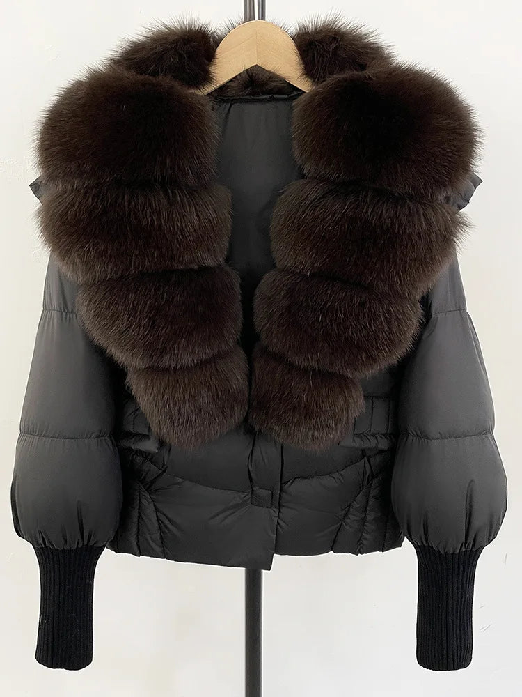 ZMEENNA Women's Black Puffer Down Jacket With Large Real Fur Collar Short Warm Winter Coat Knit Cuffs Elegant Outerwear