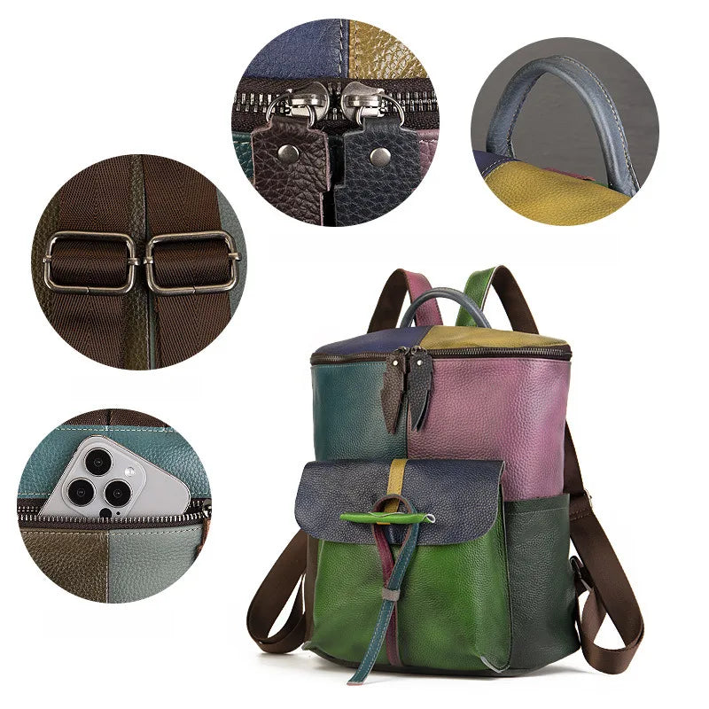Soft Cowhide Student Backpack Colorblock Laptop Bag Large Capacity Girls School College Bookbag Trendy Durable Water-Resistant