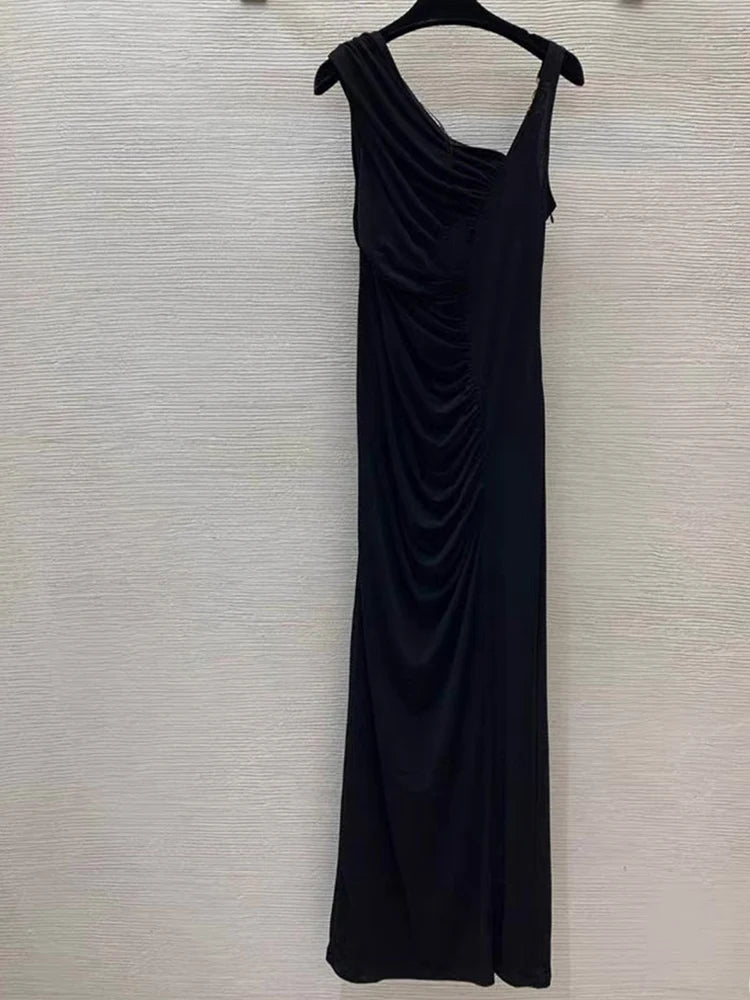 Ladies irregular pleated solid color slim high waist split temperament dress summer new metal buckle long skirt with suspenders.