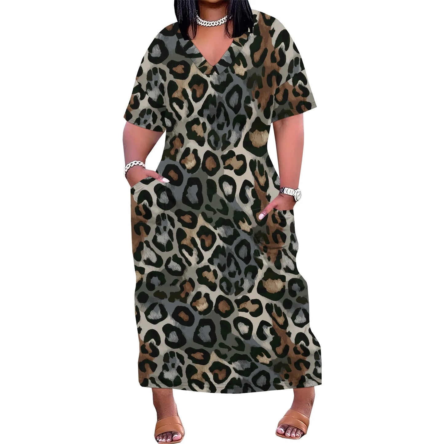 Women's Plus Size African Print Dresses Casual Loose Pocket Short Sleeve Long Maxi Dress