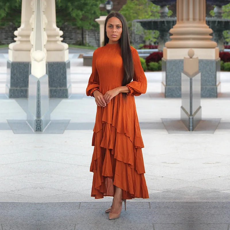 Miyake Folds  Summer New Lantern Sleeve Dress Solid Color Lotus Edge Long Skirt