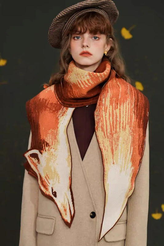 Spring Autumn Original Design Women Vintage Style Chic Red Fox Warm Knitted Scarf 210*26cm