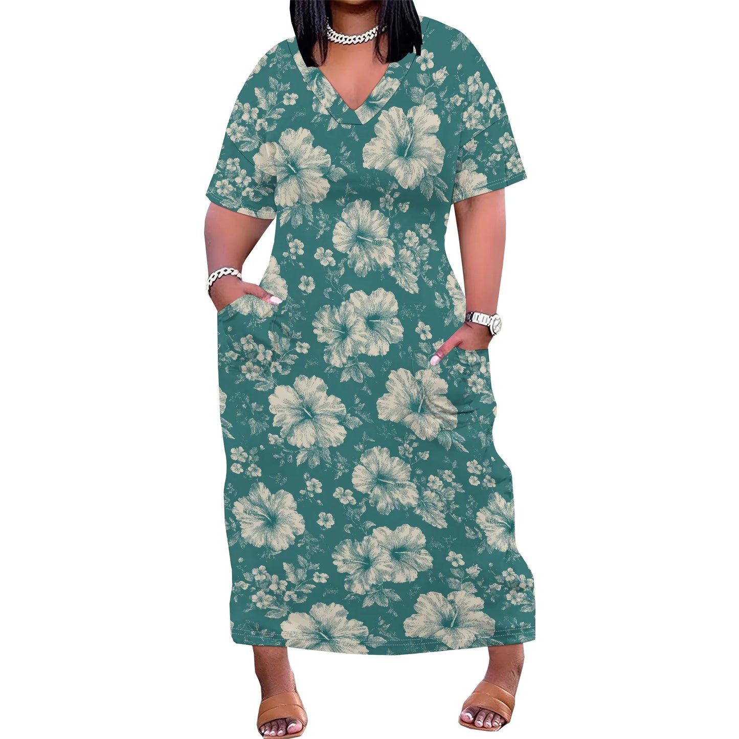 Women's Plus Size African Print Dresses Casual Loose Pocket Short Sleeve Long Maxi Dress