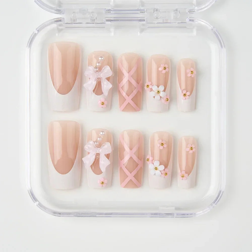 24Pcs Ballet Square Pink Press on Bow Nails 3D Flower with Bandage Design French Nail Tips for Women&Girls Daily,Spring wear