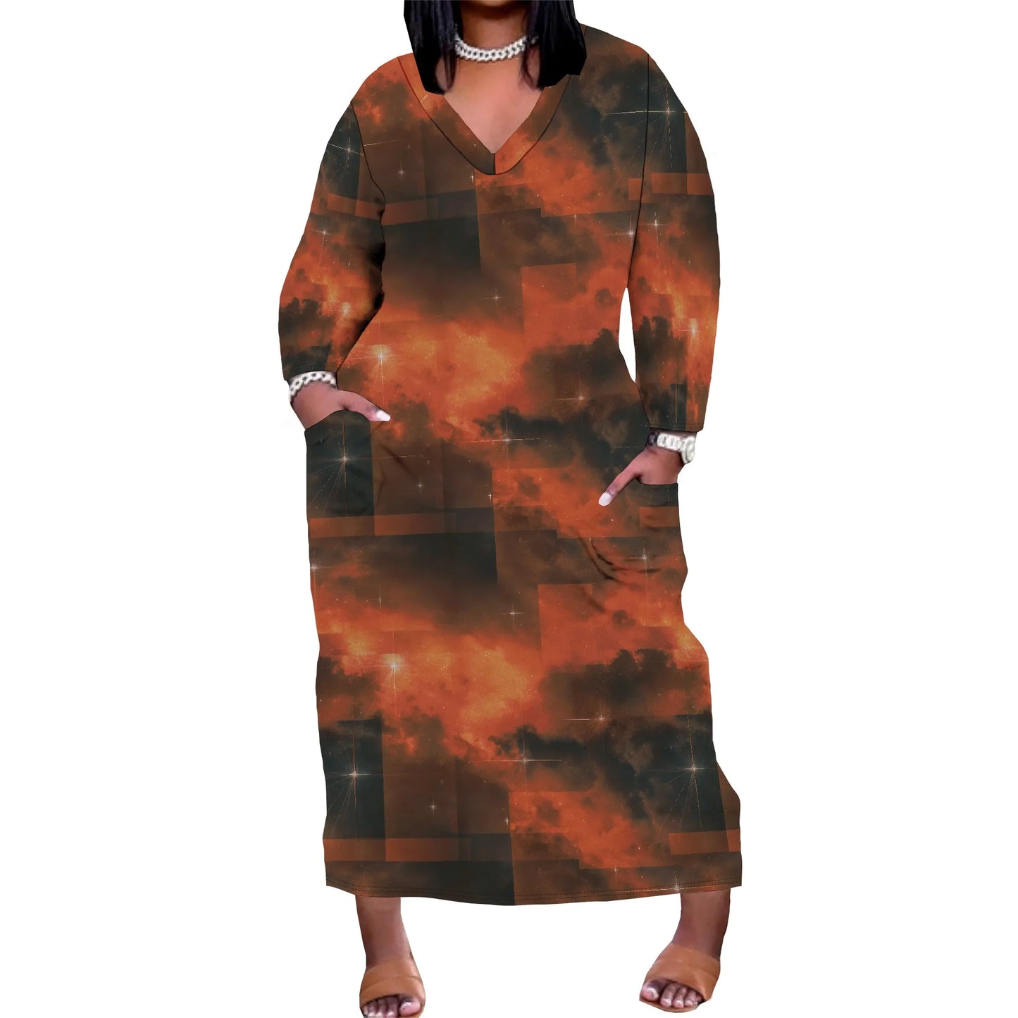 Oversized Baggy Summer Womens Print Dresses Sexy Casual T-Shirt V Neck Long Sleeve Maxi Dress with Pocket