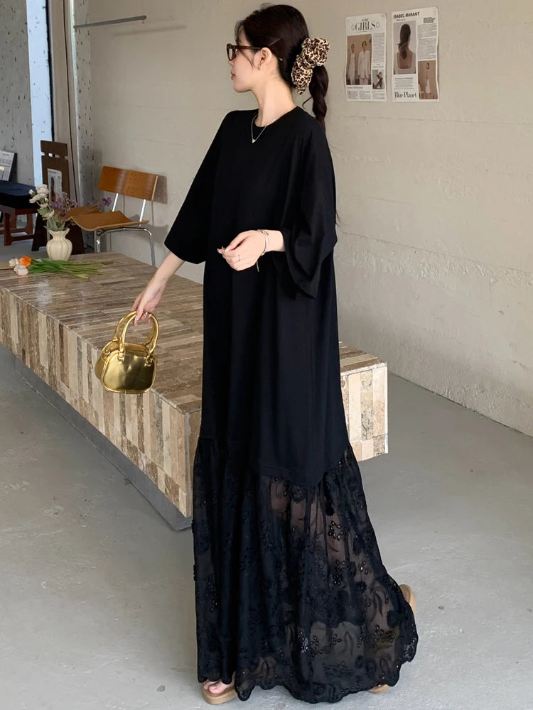 NYFS Korean Style Women's Summer Loose plus Size Patchwork Embroidery hollow lace Hem Short Sleeve Long Dress Robe Elbise