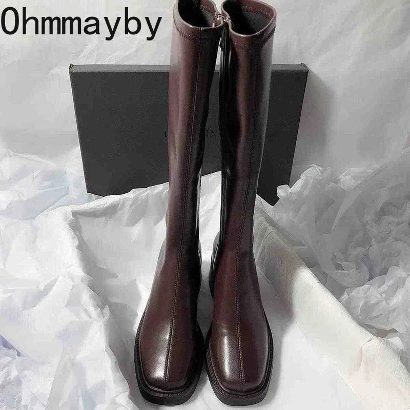Manufacturer   Vintage Thick Heel Women Knee High Boots Fashion Side Zippers Shoes Autumn Winter Ladies Concise Long Botas De Mujer   boots