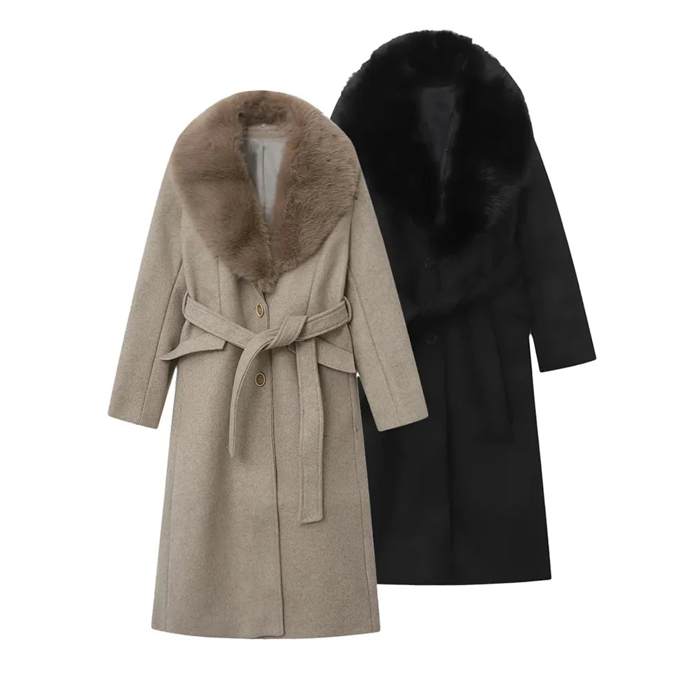 TWOTWINSTYLE Basics Patchwork Lace Up Coats for Women Lapel Spliced Artificial Fur Long Sleeve Midi Length Jacket Female Winter