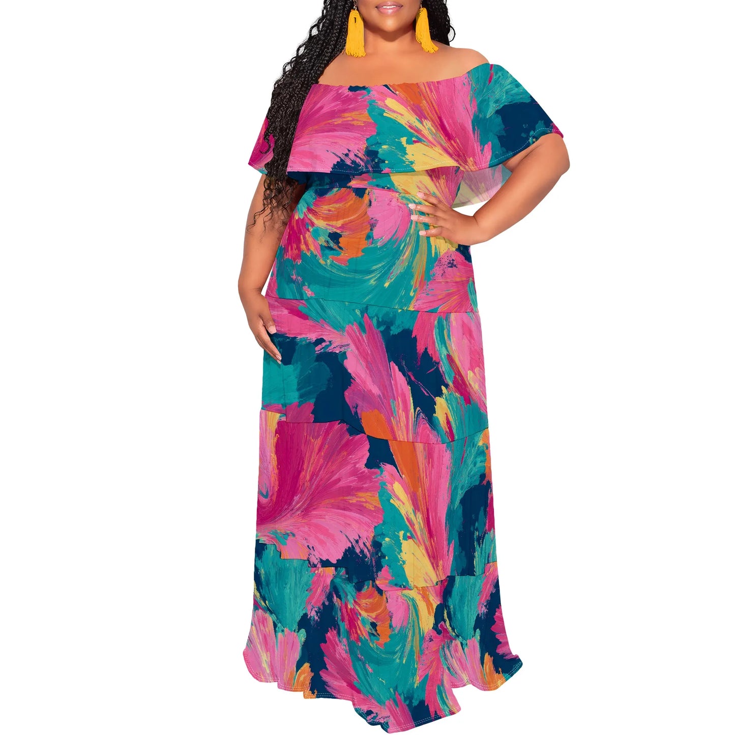 Womens Off The Shoulder Dress Summer Casual Long Ruffle Party Side Split Beach Maxi Dresses with Pockets