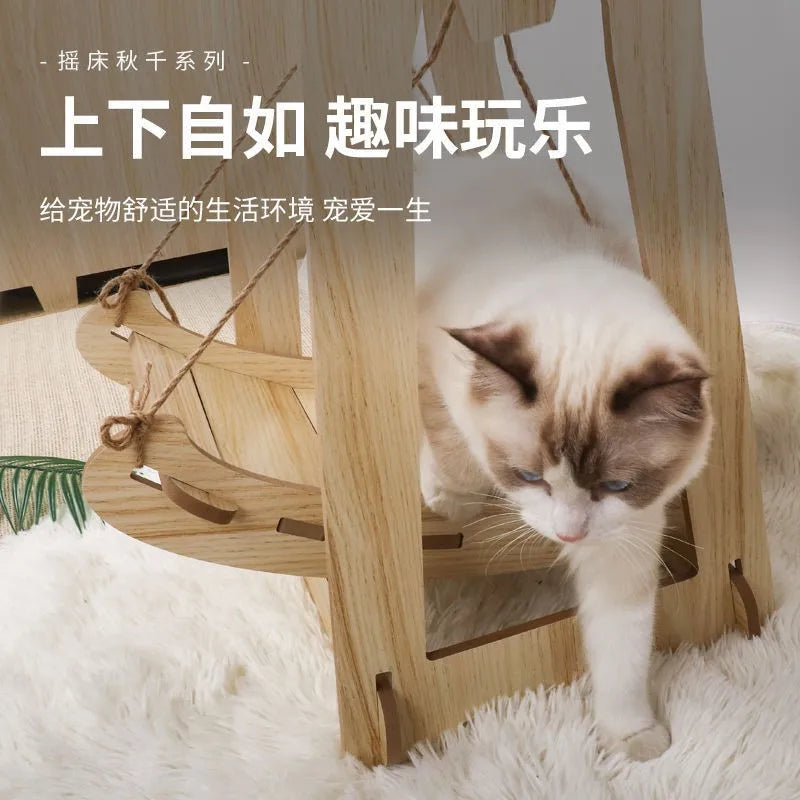 Wooden Cat Swing Bed Hanging Pet Hammock Anti-Tip Double Layer for Kittens