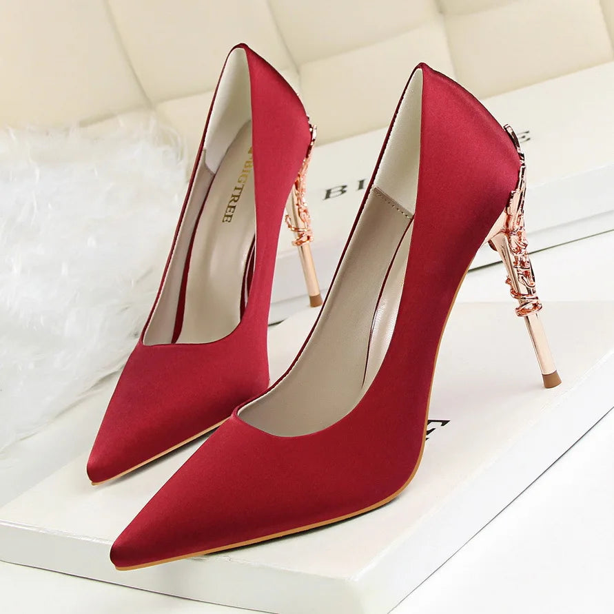 Manufacturer   Woman Metal Heels Satin Silk Dress Fashion Pumps Lady Wedding Bridal Catwalk Orange Green Wine Red Pointed Tip Shoes 9219-2   Pumps