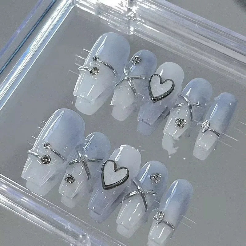 Handmade Press on Nails Blue and White Nail Tips 3d Silver Heart High Quality Coffin Medium Long False Nails with Box and Tools