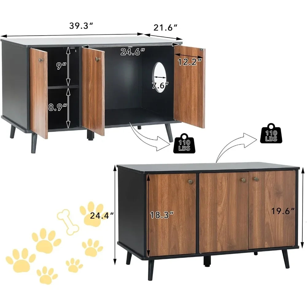 Cat Litter Box Enclosure, Hidden Litter Box Furniture, Cat Toys Cat Food Storage Cabinet, Cats Litter Box with Partitions,