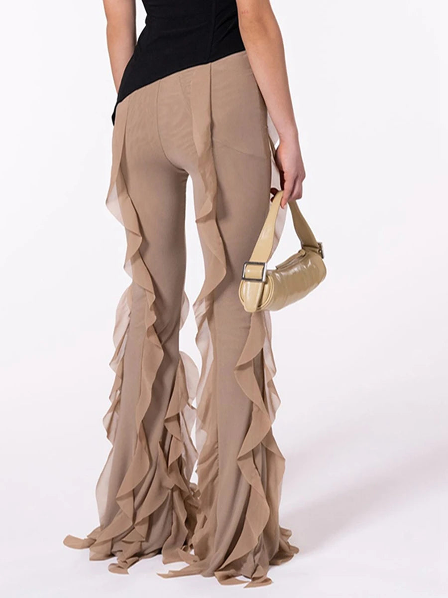 Women's Ruffled Flare Long Pants Solid Color Low Rise Stretch Bell-Bottom Trousers Streetwear   pant
