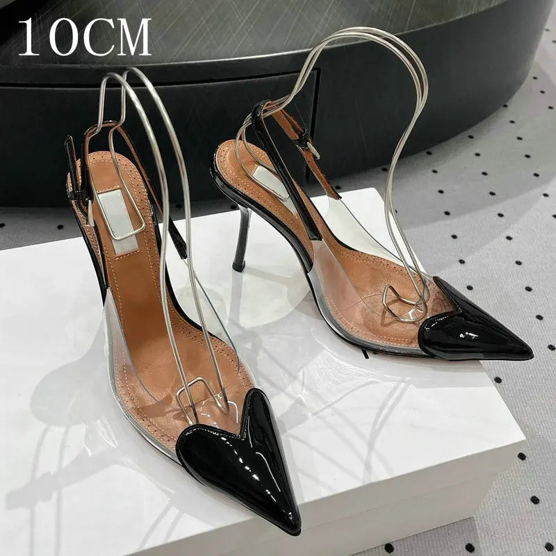 Manufacturer  New Pointy Peach Heart Fine Heel Shoes Sexy Pvc Transparent Film Black Patent Leather High Heel Overhead Sandals   Pumps