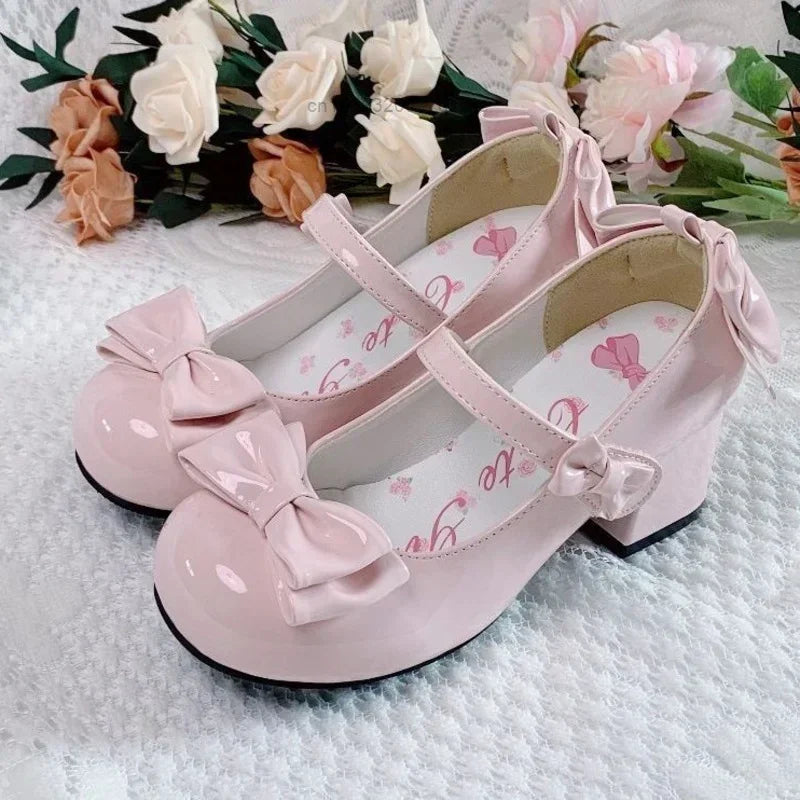 Manufacturer  Lolita Style Cute Round Head  Jane Pumps With Bow Women's Sweet Party Dress Midi Heels Shoes Fashion PU Sandals   Pumps