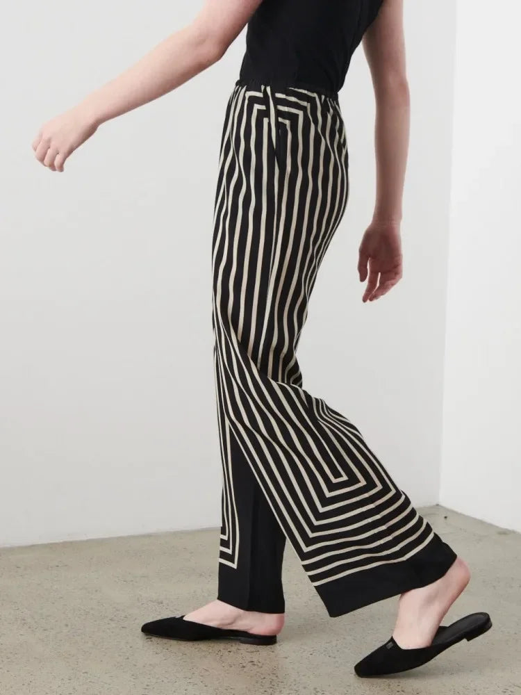 Women Geometric Striped Print Trousers 100% Silk Female Loose Elastic Waist Wide Leg Casual Long Pant Summer New