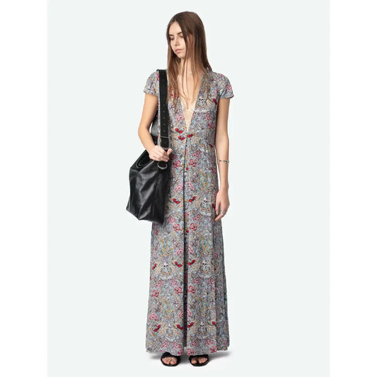 Women Short Sleeve Dress Female Casual V-Neck Long Dresses Lady Floral Print Lace Robes  New Split Jupes