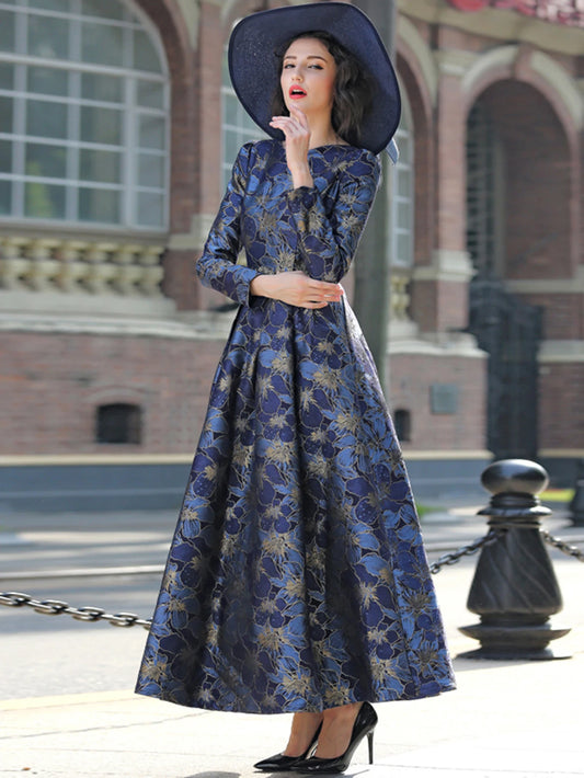Elegant Women Long Maxi Evening Dress Floral Jacquard Fall V Neck Lady Autumn Winter Party Fashion Formal Vestidos