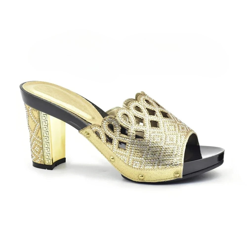Manufacturer   Gold Color Women Slippers Shoes African Women Wedding Shoes Elegant Italian Woman Shoes with Stone High Heels Woman Summer Pumps   Pumps